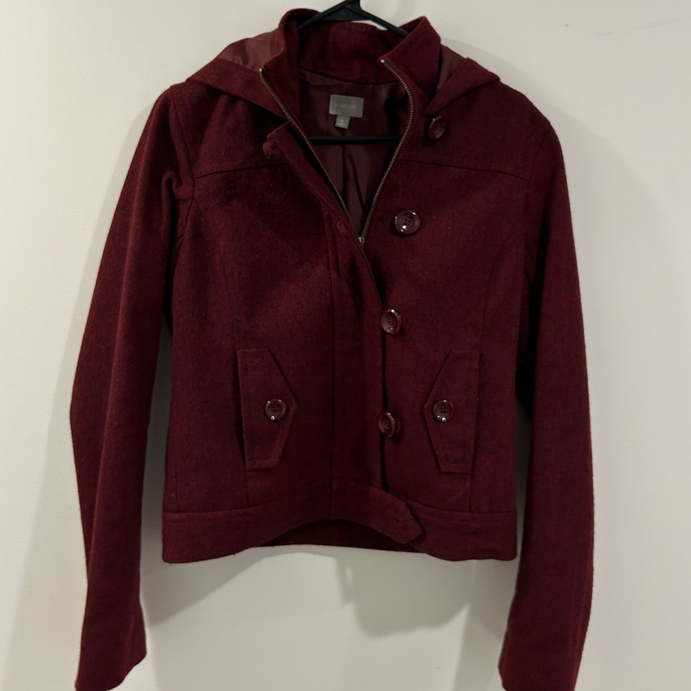 Rubbish Burgundy Red Women's Wool Coat with Hood Size Medium